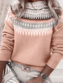 Women's Sweater Casual Soft Geometric Ribbed Crew Neck Knitted Print Long Sleeve Regular Tops Knit Outdoor Daily Weekend Pink Blue Fall Winter