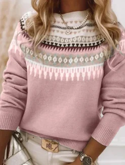 Women's Sweater Casual Soft Geometric Ribbed Crew Neck Knitted Print Long Sleeve Regular Tops Knit Outdoor Daily Weekend Pink Blue Fall Winter