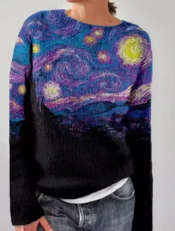 Women's Sweater Casual Soft Graphic Color Block Striped Ribbed Crew Neck Knitted Print Long Sleeve Regular Tops Knit Outdoor Daily Weekend Black Yellow Fall Winter