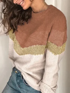 Women's Sweater Casual Soft Geometric Ribbed Crew Neck Knitted Long Sleeve Regular Tops Knit Outdoor Daily Weekend Black Brown Fall Winter