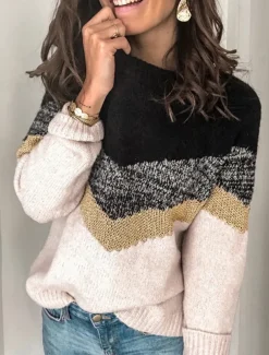 Women's Sweater Casual Soft Geometric Ribbed Crew Neck Knitted Long Sleeve Regular Tops Knit Outdoor Daily Weekend Black Brown Fall Winter