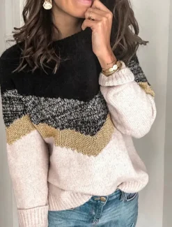 Women's Sweater Casual Soft Geometric Ribbed Crew Neck Knitted Long Sleeve Regular Tops Knit Outdoor Daily Weekend Black Brown Fall Winter