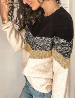 Women's Sweater Casual Soft Geometric Ribbed Crew Neck Knitted Long Sleeve Regular Tops Knit Outdoor Daily Weekend Black Brown Fall Winter