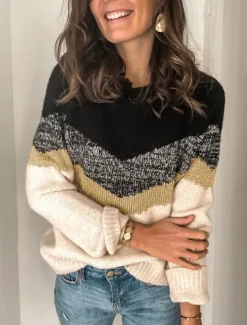 Women's Sweater Casual Soft Geometric Ribbed Crew Neck Knitted Long Sleeve Regular Tops Knit Outdoor Daily Weekend Black Brown Fall Winter