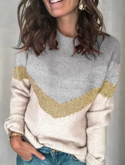 Women's Sweater Casual Soft Geometric Ribbed Crew Neck Knitted Long Sleeve Regular Tops Knit Outdoor Daily Weekend Black Brown Fall Winter