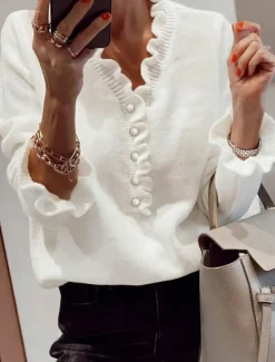 Women's Sweater Casual Soft Pure Color Ribbed V Neck Buttons Knitted Long Sleeve Regular Tops Knit Outdoor Daily Weekend Black White Summer Spring