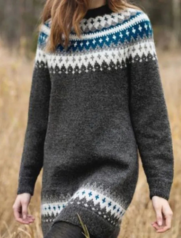 Women's Sweater Casual Soft Geometric Ribbed Crew Neck Knitted Print Long Sleeve Long Tops Knit Outdoor Daily Weekend Black Navy Blue Fall Winter