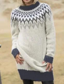 Women's Sweater Casual Soft Geometric Ribbed Crew Neck Knitted Print Long Sleeve Long Tops Knit Outdoor Daily Weekend Black Navy Blue Fall Winter