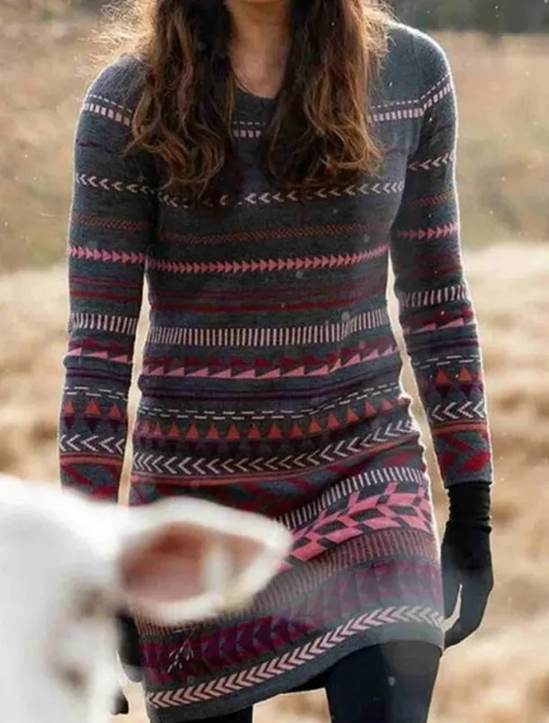 Women's Sweater Casual Soft Geometric Ribbed Crew Neck Knitted Print Long Sleeve Long Tops Knit Outdoor Daily Weekend Black Navy Blue Fall Winter