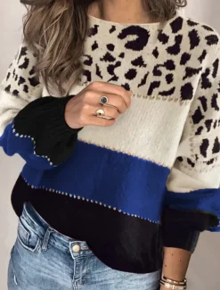 Women's Sweater Casual Soft Leopard Ribbed Crew Neck Knitted Long Sleeve Regular Tops Knit Outdoor Daily Weekend Red Blue Fall Winter