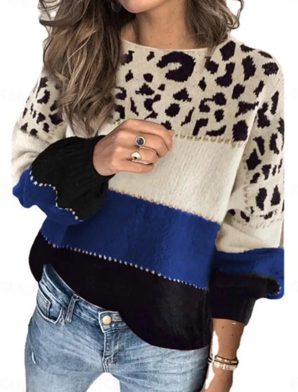 Women's Sweater Casual Soft Leopard Ribbed Crew Neck Knitted Long Sleeve Regular Tops Knit Outdoor Daily Weekend Red Blue Fall Winter