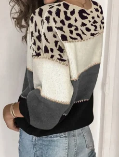 Women's Sweater Casual Soft Leopard Ribbed Crew Neck Knitted Long Sleeve Regular Tops Knit Outdoor Daily Weekend Red Blue Fall Winter