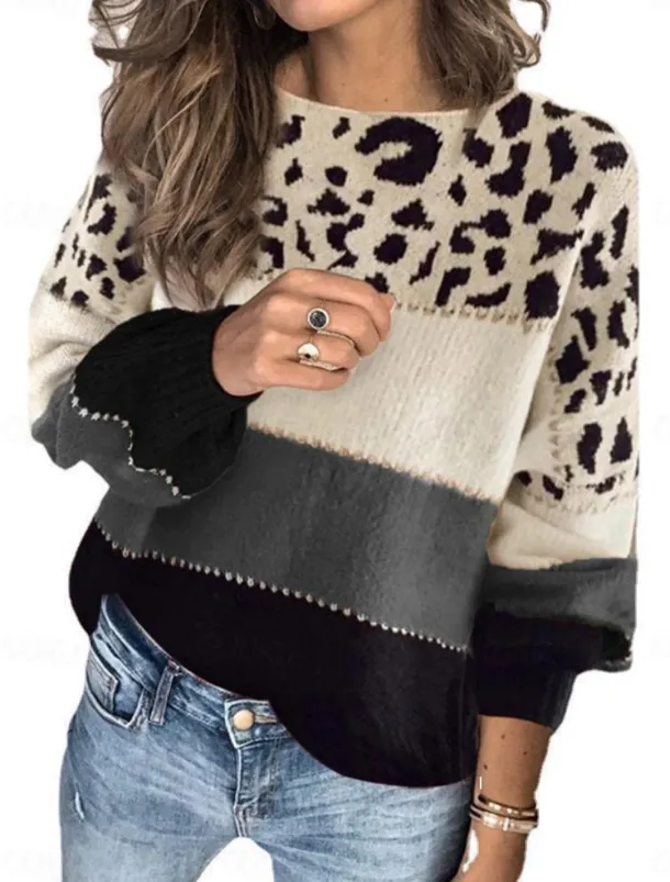 Women's Sweater Casual Soft Leopard Ribbed Crew Neck Knitted Long Sleeve Regular Tops Knit Outdoor Daily Weekend Red Blue Fall Winter