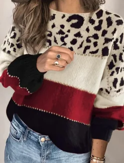 Women's Sweater Casual Soft Leopard Ribbed Crew Neck Knitted Long Sleeve Regular Tops Knit Outdoor Daily Weekend Red Blue Fall Winter