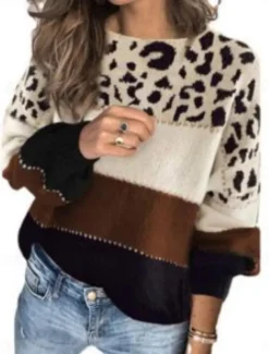 Women's Sweater Casual Soft Leopard Ribbed Crew Neck Knitted Long Sleeve Regular Tops Knit Outdoor Daily Weekend Red Blue Fall Winter