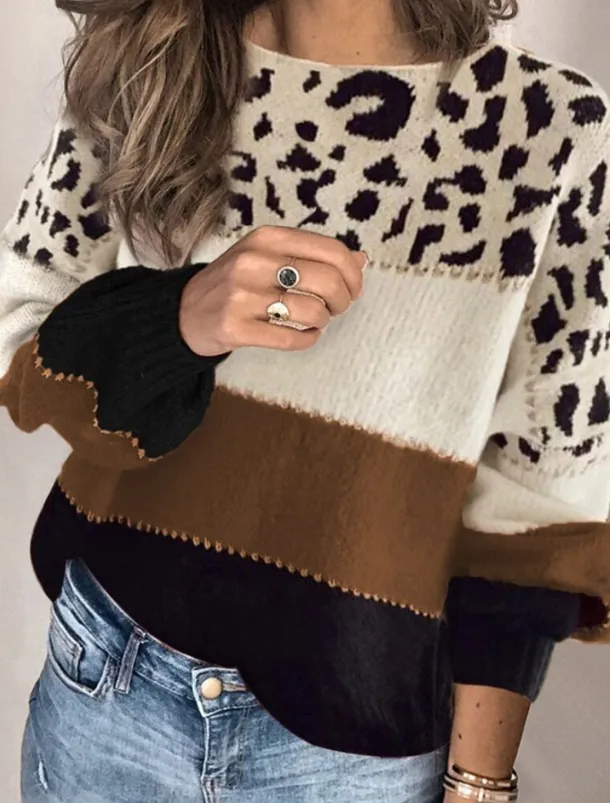 Women's Sweater Casual Soft Leopard Ribbed Crew Neck Knitted Long Sleeve Regular Tops Knit Outdoor Daily Weekend Red Blue Fall Winter