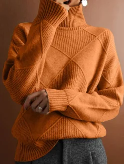 Women's Sweater Casual Soft Pure Color Ribbed Turtleneck Knitted Long Sleeve Regular Tops Knit Outdoor Daily Weekend Fuchsia Orange Fall Winter