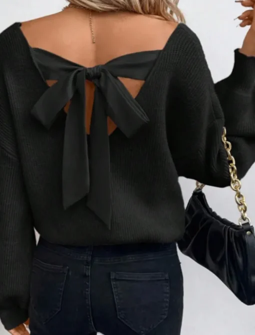 Women's Sweater Casual Soft Pure Color Ribbed V Neck Open Back Knitted Long Sleeve Regular Tops Knit Outdoor Daily Weekend Black Royal Blue Fall Winter