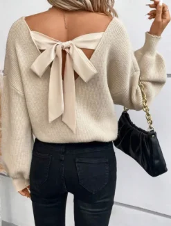 Women's Sweater Casual Soft Pure Color Ribbed V Neck Open Back Knitted Long Sleeve Regular Tops Knit Outdoor Daily Weekend Black Royal Blue Fall Winter