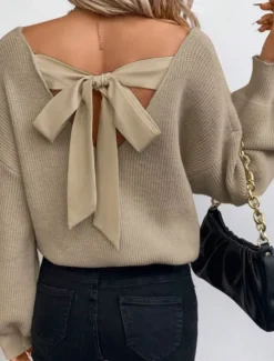 Women's Sweater Casual Soft Pure Color Ribbed V Neck Open Back Knitted Long Sleeve Regular Tops Knit Outdoor Daily Weekend Black Royal Blue Fall Winter