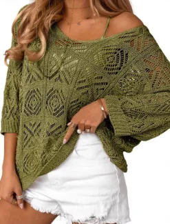Women's Sweater Casual Soft Pure Color Ribbed V Neck Knitted Hole 3/4 Length Sleeve Regular Tops Knit Outdoor Daily Weekend Green Light Blue Summer Spring