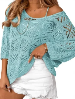 Women's Sweater Casual Soft Pure Color Ribbed V Neck Knitted Hole 3/4 Length Sleeve Regular Tops Knit Outdoor Daily Weekend Green Light Blue Summer Spring