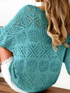 Women's Sweater Casual Soft Pure Color Ribbed V Neck Knitted Hole 3/4 Length Sleeve Regular Tops Knit Outdoor Daily Weekend Green Light Blue Summer Spring