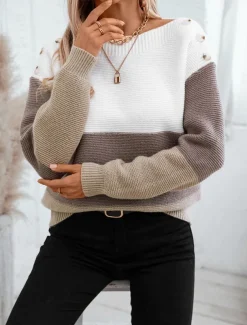 Women's Sweater Casual Soft Striped Ribbed Crew Neck Buttons Knitted Long Sleeve Regular Tops Knit Outdoor Daily Weekend Purple Brown Fall Winter