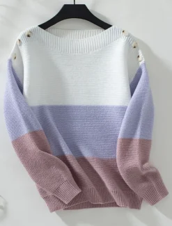 Women's Sweater Casual Soft Striped Ribbed Crew Neck Buttons Knitted Long Sleeve Regular Tops Knit Outdoor Daily Weekend Purple Brown Fall Winter