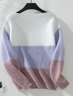 Women's Sweater Casual Soft Striped Ribbed Crew Neck Buttons Knitted Long Sleeve Regular Tops Knit Outdoor Daily Weekend Purple Brown Fall Winter