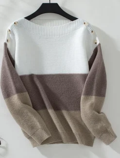 Women's Sweater Casual Soft Striped Ribbed Crew Neck Buttons Knitted Long Sleeve Regular Tops Knit Outdoor Daily Weekend Purple Brown Fall Winter