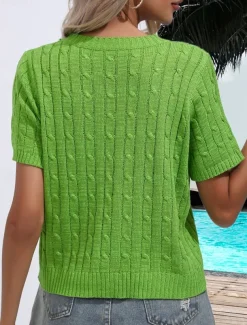 Women's Sweater Casual Soft Pure Color Ribbed Crew Neck Knitted Short Sleeves Regular Tops Knit Daily Weekend White Green Summer Spring