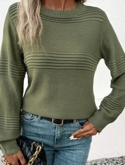 Women's Sweater Casual Soft Pure Color Ribbed Crew Neck Knitted Long Sleeve Regular Tops Knit Outdoor Daily Weekend Army Green Coffee Fall Winter