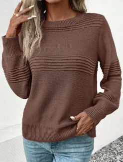Women's Sweater Casual Soft Pure Color Ribbed Crew Neck Knitted Long Sleeve Regular Tops Knit Outdoor Daily Weekend Army Green Coffee Fall Winter