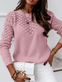 Women's Sweater Casual Soft Pure Color Ribbed Crew Neck Knitted Long Sleeve Regular Tops Knit Outdoor Daily Weekend White Pink Fall Winter