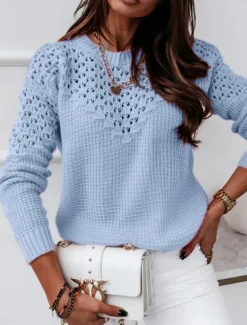 Women's Sweater Casual Soft Pure Color Ribbed Crew Neck Knitted Long Sleeve Regular Tops Knit Outdoor Daily Weekend White Pink Fall Winter