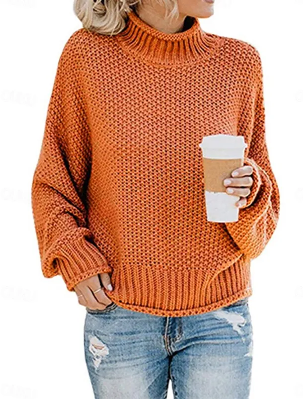 Women's Sweater Casual Soft Pure Color Ribbed Crew Neck Knitted Long Sleeve Regular Tops Knit Outdoor Daily Weekend Orange Khaki Fall Winter