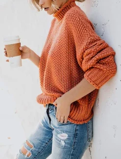Women's Sweater Casual Soft Pure Color Ribbed Crew Neck Knitted Long Sleeve Regular Tops Knit Outdoor Daily Weekend Orange Khaki Fall Winter