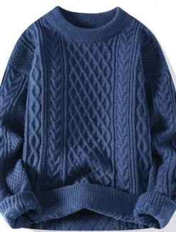 Women's Sweater Casual Soft Pure Color Cable Crew Neck Knitted Long Sleeve Regular Tops Knit Outdoor Daily Weekend Blue Beige Fall Winter