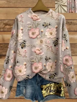 Women's Sweater Casual Soft Floral Graphic Animal Ribbed Crew Neck Knitted Print Long Sleeve Regular Tops Knit Outdoor Daily Weekend Yellow Blue Fall Winter