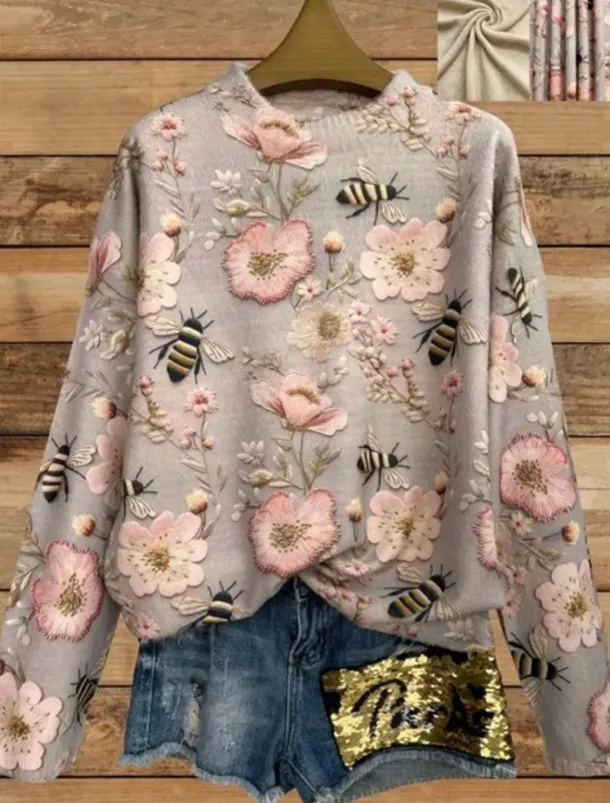 Women's Sweater Casual Soft Floral Graphic Animal Ribbed Crew Neck Knitted Print Long Sleeve Regular Tops Knit Outdoor Daily Weekend Yellow Blue Fall Winter