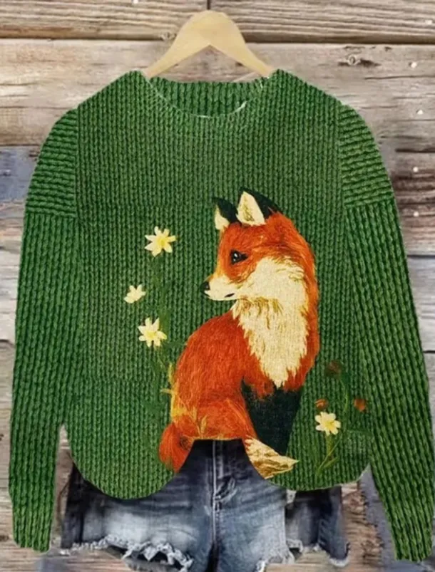 Women's Sweater Casual Soft Floral Graphic Animal Ribbed Crew Neck Knitted Print Long Sleeve Regular Tops Knit Outdoor Daily Weekend Yellow Blue Fall Winter