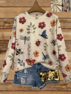 Women's Sweater Casual Soft Floral Graphic Animal Ribbed Crew Neck Knitted Print Long Sleeve Regular Tops Knit Outdoor Daily Weekend Yellow Blue Fall Winter