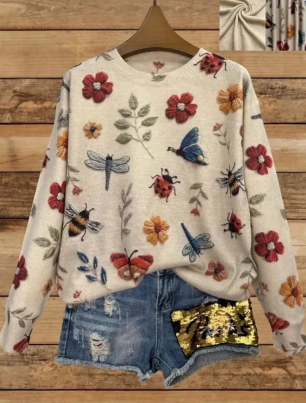 Women's Sweater Casual Soft Floral Graphic Animal Ribbed Crew Neck Knitted Print Long Sleeve Regular Tops Knit Outdoor Daily Weekend Yellow Blue Fall Winter