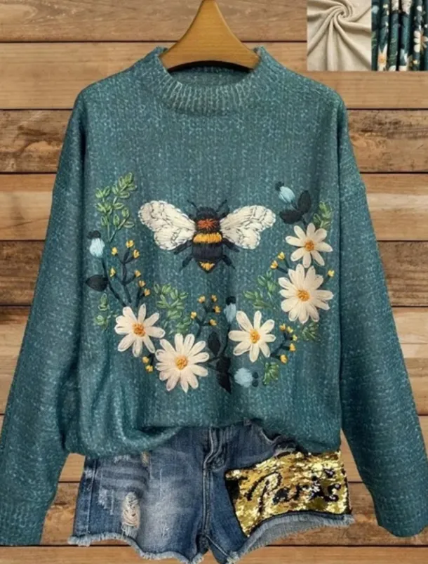 Women's Sweater Casual Soft Floral Graphic Animal Ribbed Crew Neck Knitted Print Long Sleeve Regular Tops Knit Outdoor Daily Weekend Yellow Blue Fall Winter