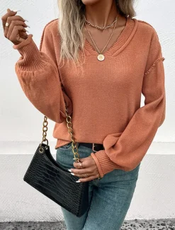 Women's Sweater Casual Soft Pure Color Ribbed V Neck Knitted Long Sleeve Regular Tops Knit Outdoor Daily Weekend Red Brown Fall Winter