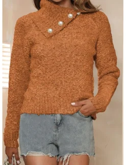 Women's Sweater Casual Soft Pure Color Ribbed Shirt Collar Buttons Knitted Long Sleeve Regular Tops Knit Outdoor Daily Weekend Brown Green Fall Winter