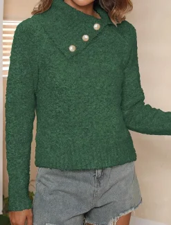 Women's Sweater Casual Soft Pure Color Ribbed Shirt Collar Buttons Knitted Long Sleeve Regular Tops Knit Outdoor Daily Weekend Brown Green Fall Winter