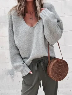 Women's Sweater Casual Soft Pure Color Ribbed V Neck Knitted Long Sleeve Regular Tops Knit Outdoor Daily Weekend Black Khaki Fall Winter