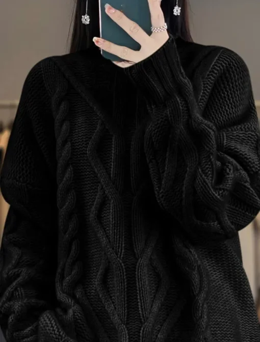 Women's Sweater Casual Soft Pure Color Cable Stand Collar Knitted Long Sleeve Regular Tops Knit Outdoor Daily Weekend Black White Fall Winter